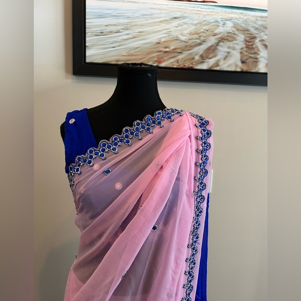 Blue & Blush Pink Embellished Saree with Ready-Made Blouse - Picture 3 of 9